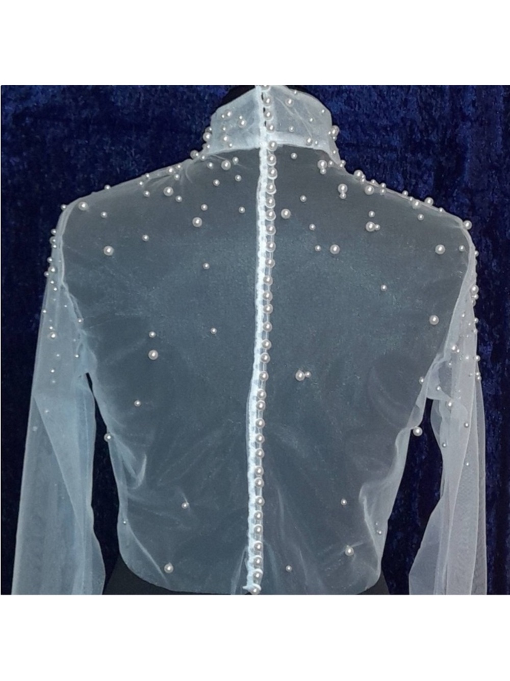 Bridal Pearl Overlay - Sheer Pearl-Embellished Mock Neck Top - White